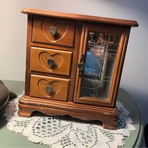 Wooden Heart-Accent Jewelry Box with Glass Door - Brown